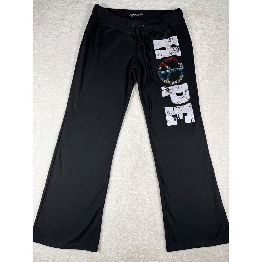 Apollo Lounge Pants Women‎ XL Black Good Hope Peace Rhinestone Graphic Y2K Yoga